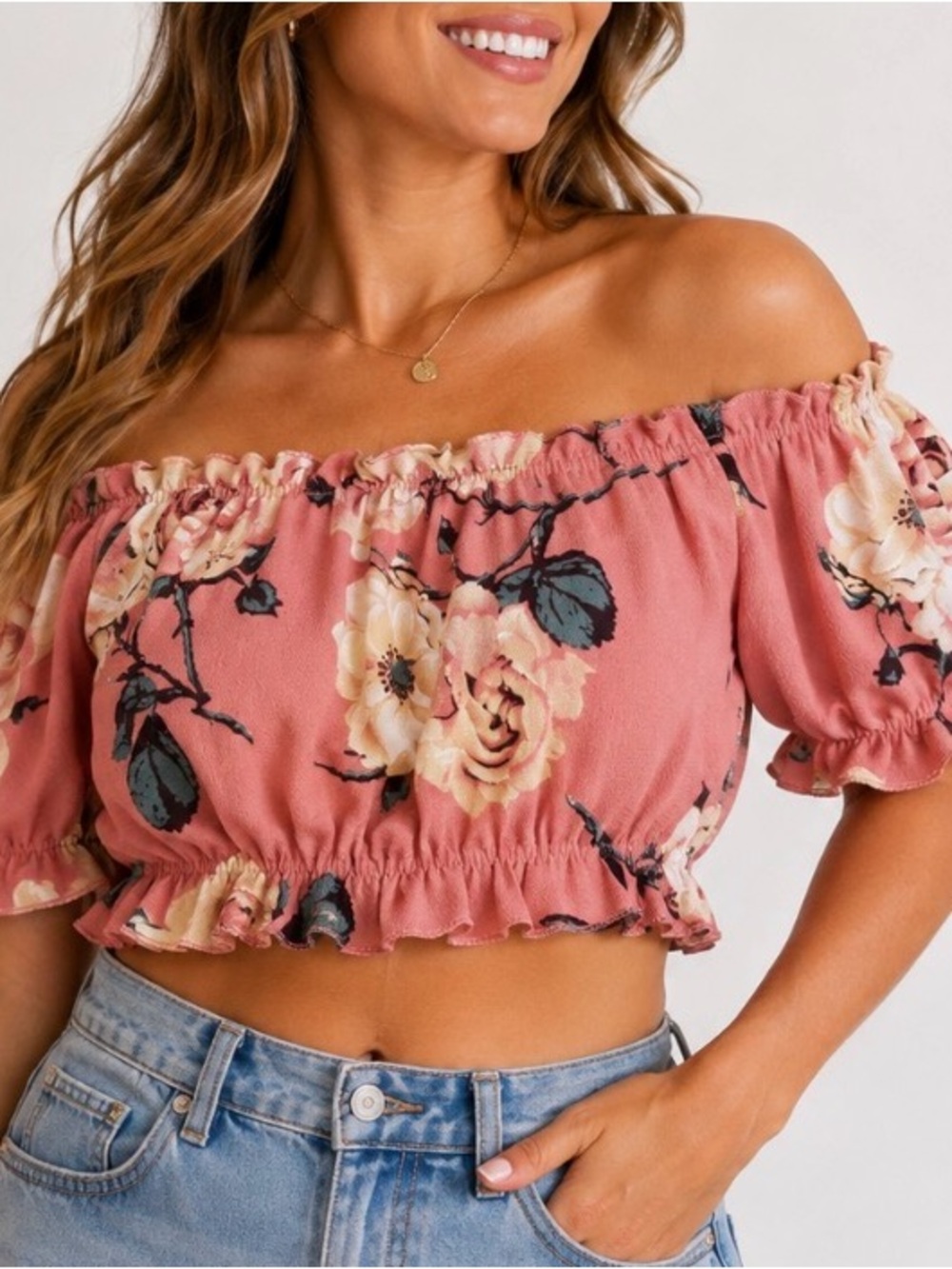 Floral Off-Shoulder Crop Top in Dusty Rose off shoulder ruffle trim BoHo SZ SM